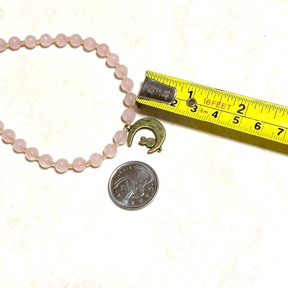 Pink Genuine Gemstone Rose Quartz Bronze Cat on the Moon Beaded Short Necklace - Picture 9 of 11